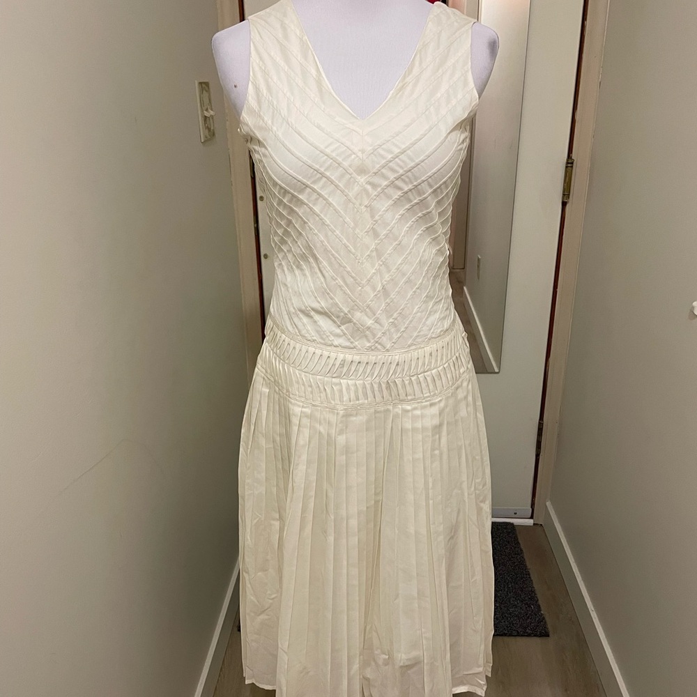 Rebecca Taylor Cream V-Neck Pleated Midi Dress 100% Cotton